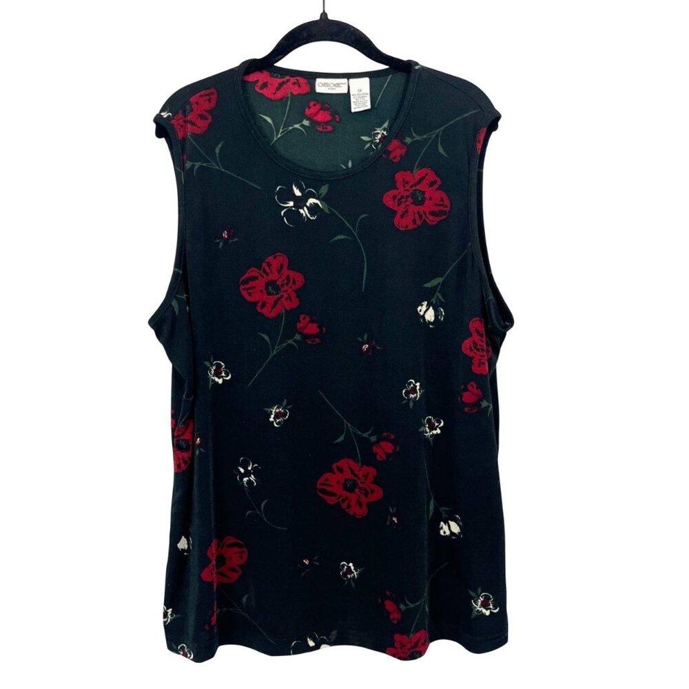 Vintage Y2K 90s Black & Red Floral Slinky Sleeveless Tank Top Whimsigoth Size 1X